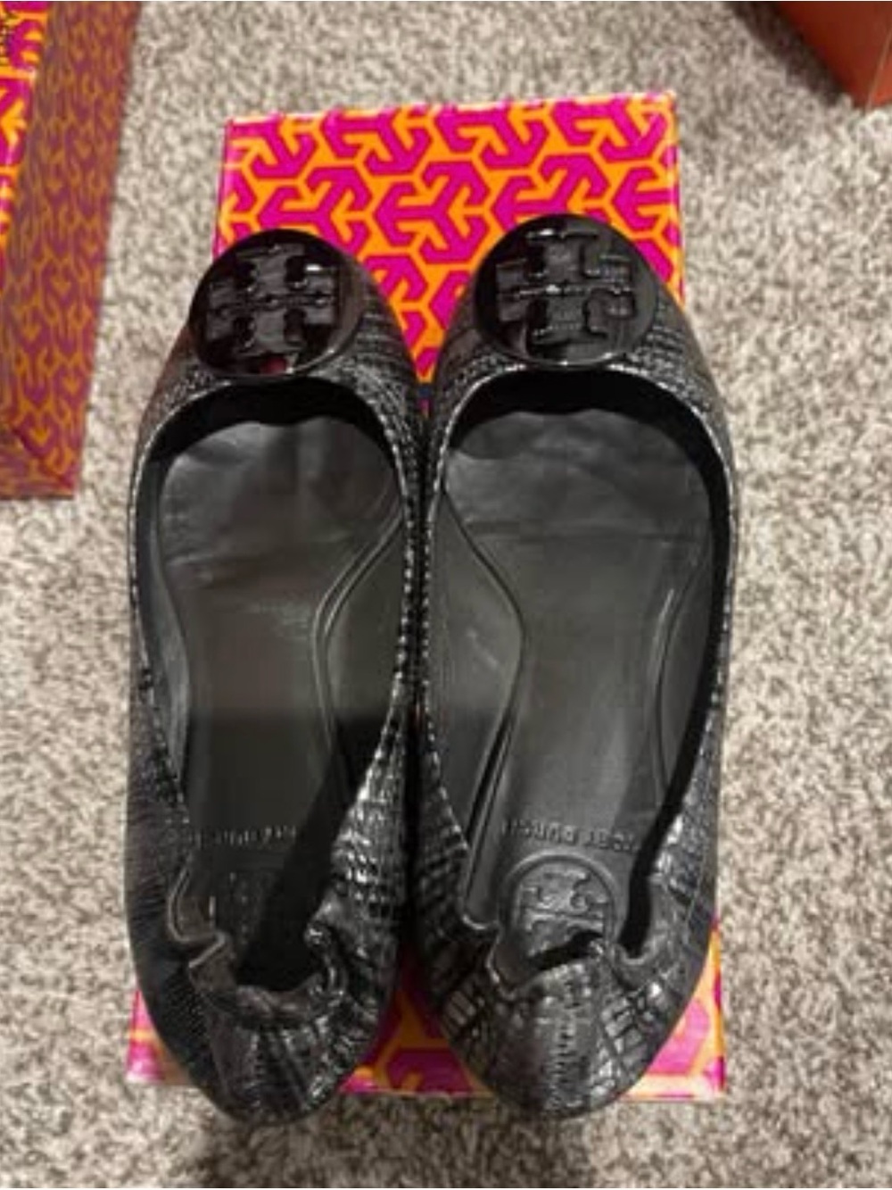 Tory Burch Reva Logo-Emblem Croc-Textured Ballet Flats